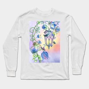 Magic streetlight with flowers and butterflies decoration. Fairy spring garden watercolor illustration. Colorful romantic scenery Long Sleeve T-Shirt